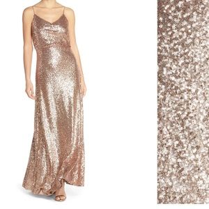 Jenny Yoo Gold Sequin Cowl Back Maxi Dress
